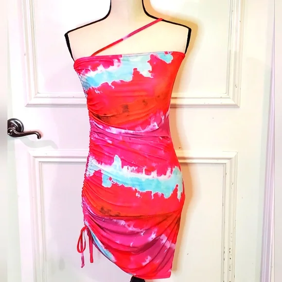 Pretty Little Thing Pink Multi Asymmetric Strap Ruched Bodycon Dress, Size 6 - Picture 2 of 16